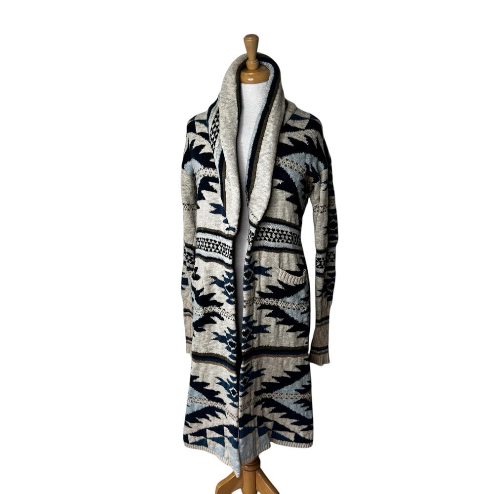 FAHERTY B. Yellowtail Paloma Aztec Longline Duster Cardigan BLUE SMALL NO BELT - Picture 2 of 10